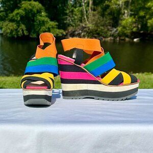 PRADA Peep Toe Platform Multi Strap Multi Color Bandage Slingback Wedge NEW 36